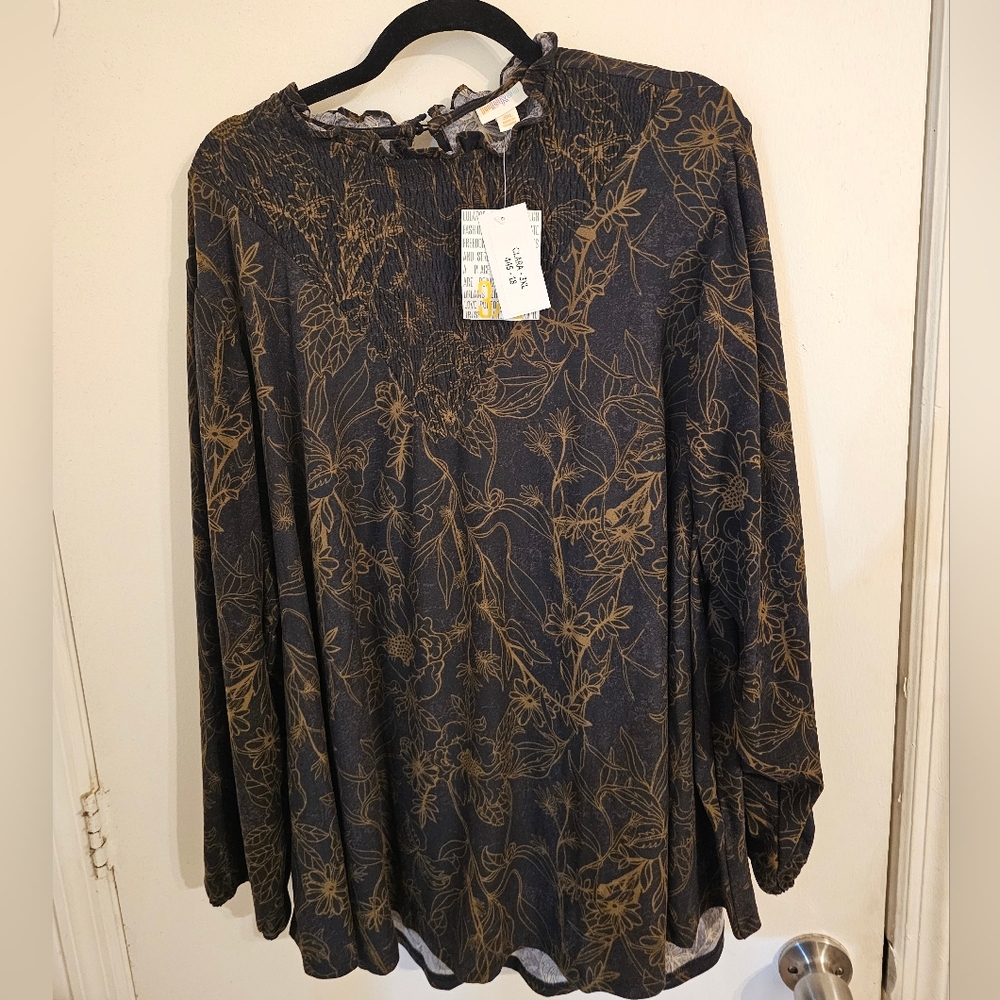 3xl NWT LuLaRoe Clara  Brown and Black Ruffled Blouse with Mandarin Collar